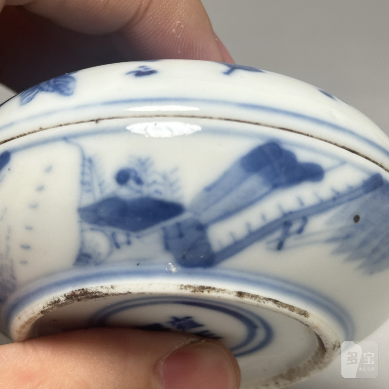 清晚期 青花人物图印泥盒 - 图5